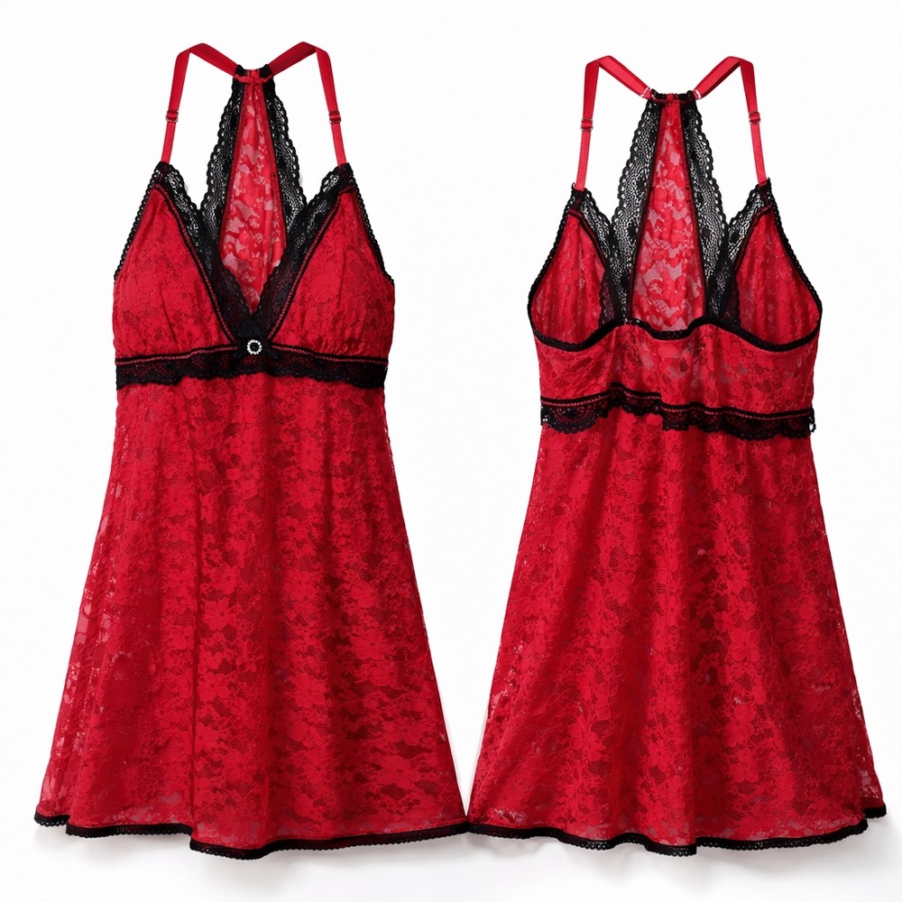 In Bloom by Jonquil S Red Black Lace Halter Chemise Babydoll Nightgown‎ Bundle